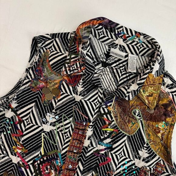 Chicos Maximalist Black & White Vest Silk Heavy Embroidery Rainbow Sz 3/XL Artsy - Picture 2 of 5